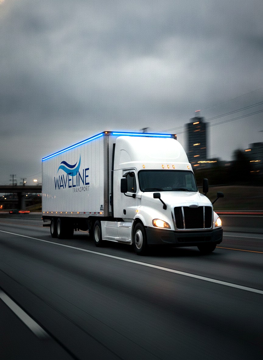 Waveline Transport tractor-trailer on the highway at dusk